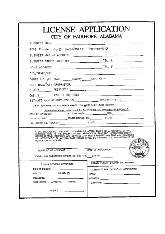 License Application Form - City Of Fairhope, Alabama Printable pdf
