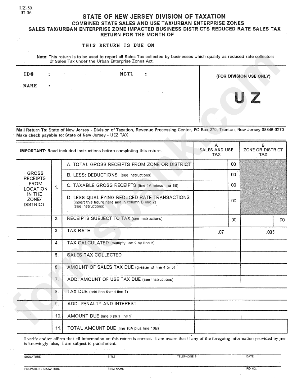 Form Uz-50 - Sales Tax Form - New Jersey