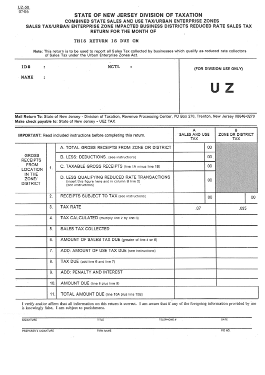 Form Uz-50 - Sales Tax Form - New Jersey Printable pdf