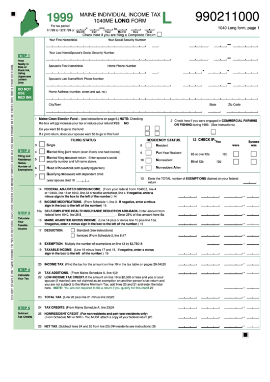 Form 1040me - Maine Individual Income Tax - Long Form - 1999 Printable pdf