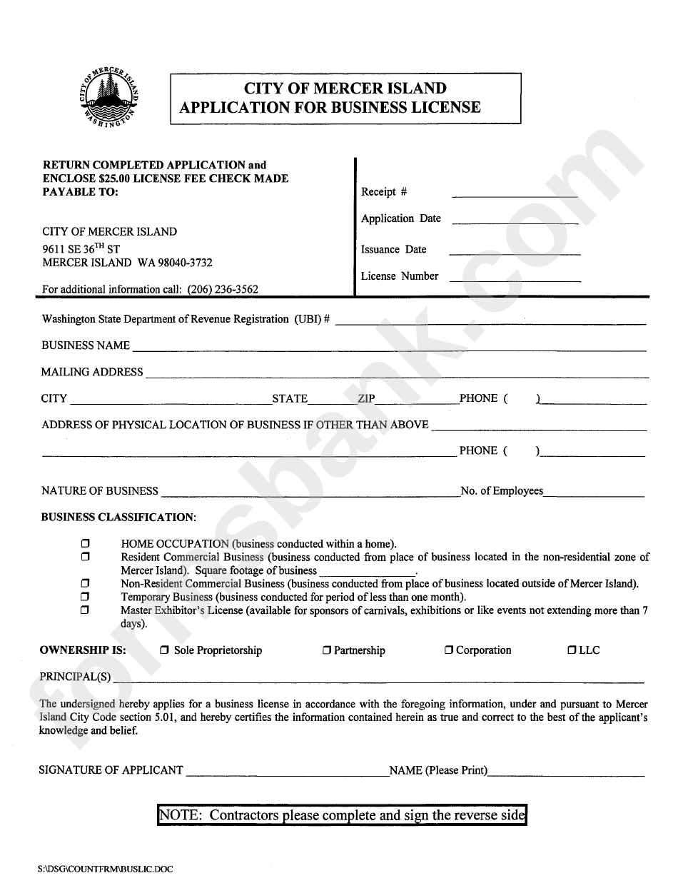 Application For Business License - City Of Mercer Island