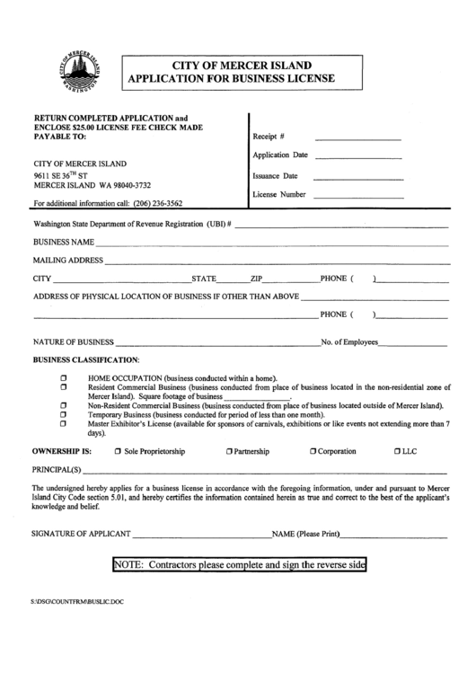 Application For Business License - City Of Mercer Island Printable pdf