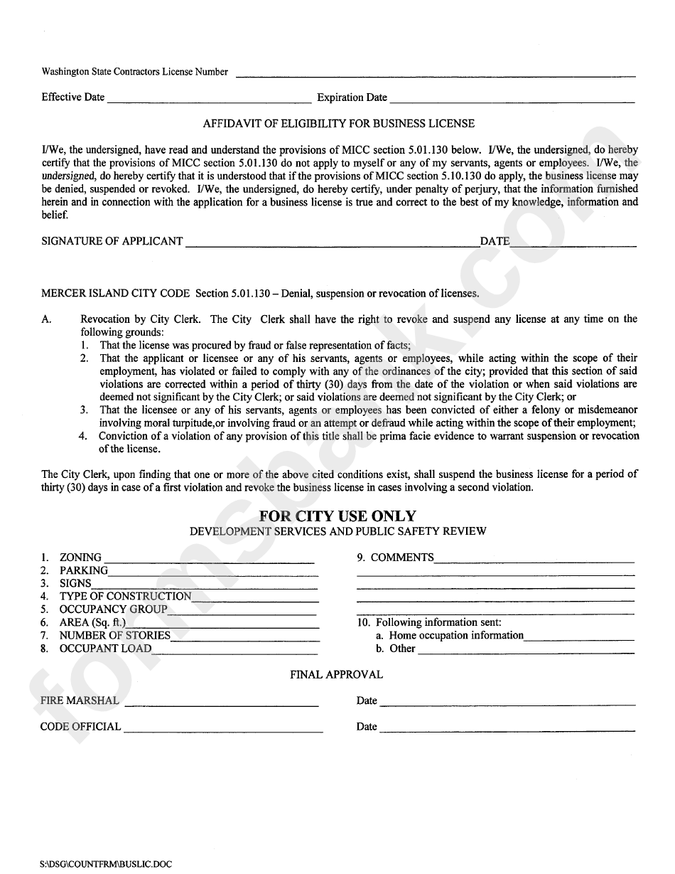Application For Business License - City Of Mercer Island