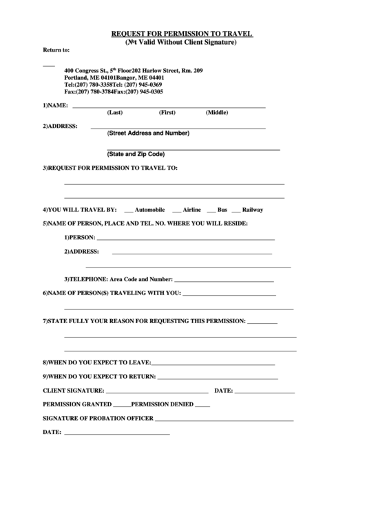 Request For Permission To Travel Form Printable pdf