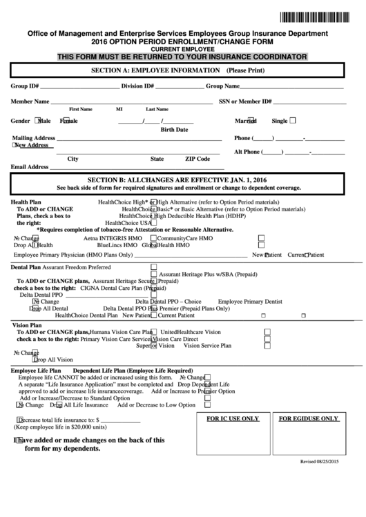 Option Period Enrollment/change Form For Current Employee - 2016 Printable pdf