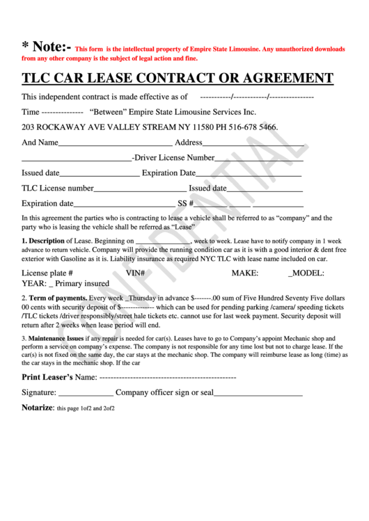 Tlc Car Lease Contract Or Agreement Printable pdf