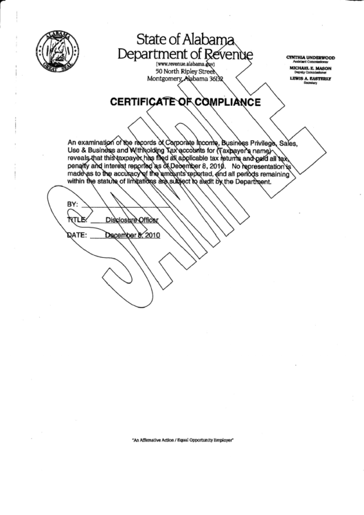 Certificate Of Compliance - State Of Alabama - Department Of Revenue Form - 2010 Printable pdf