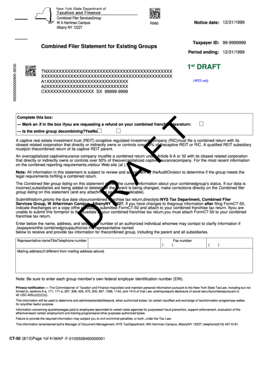 Form Ct-50 Draft - Combined Filer Group Listing - 2012 Printable pdf