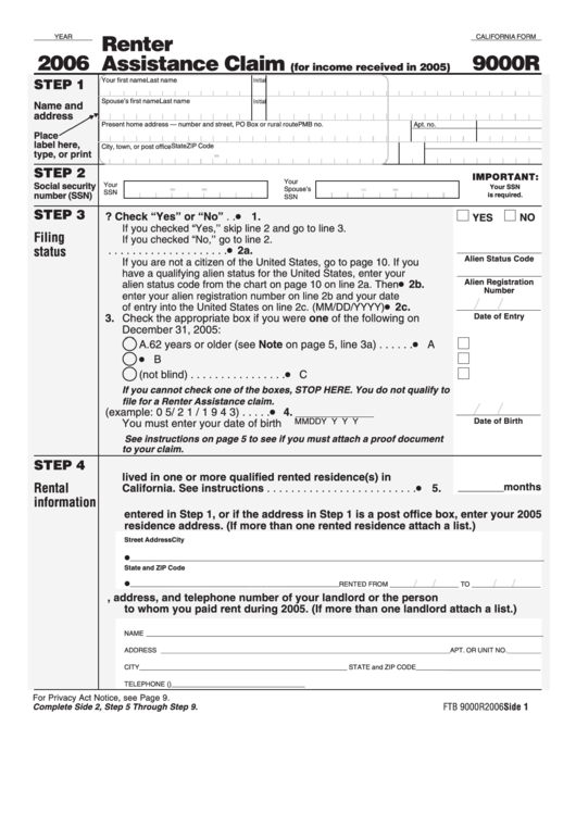 California Form 9000r - Renter Assistance Claim - 2006 Printable pdf