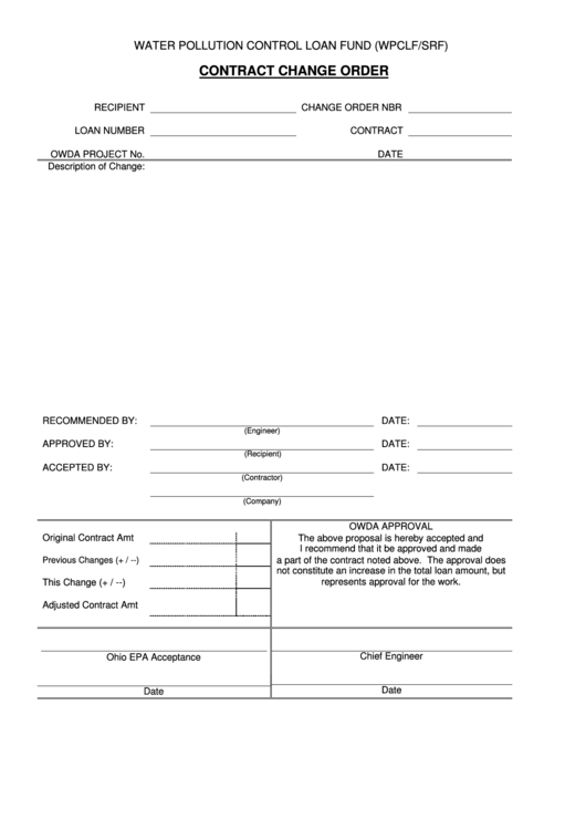 Contract Change Order - Water Pollution Control Loan Fund Printable pdf