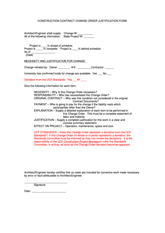 Construction Contract Change Order Justification Form Printable pdf