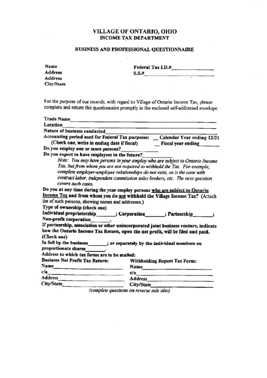 Business And Professional Questionnaire - Village Of Ontario, Ohio Income Tax Department Printable pdf