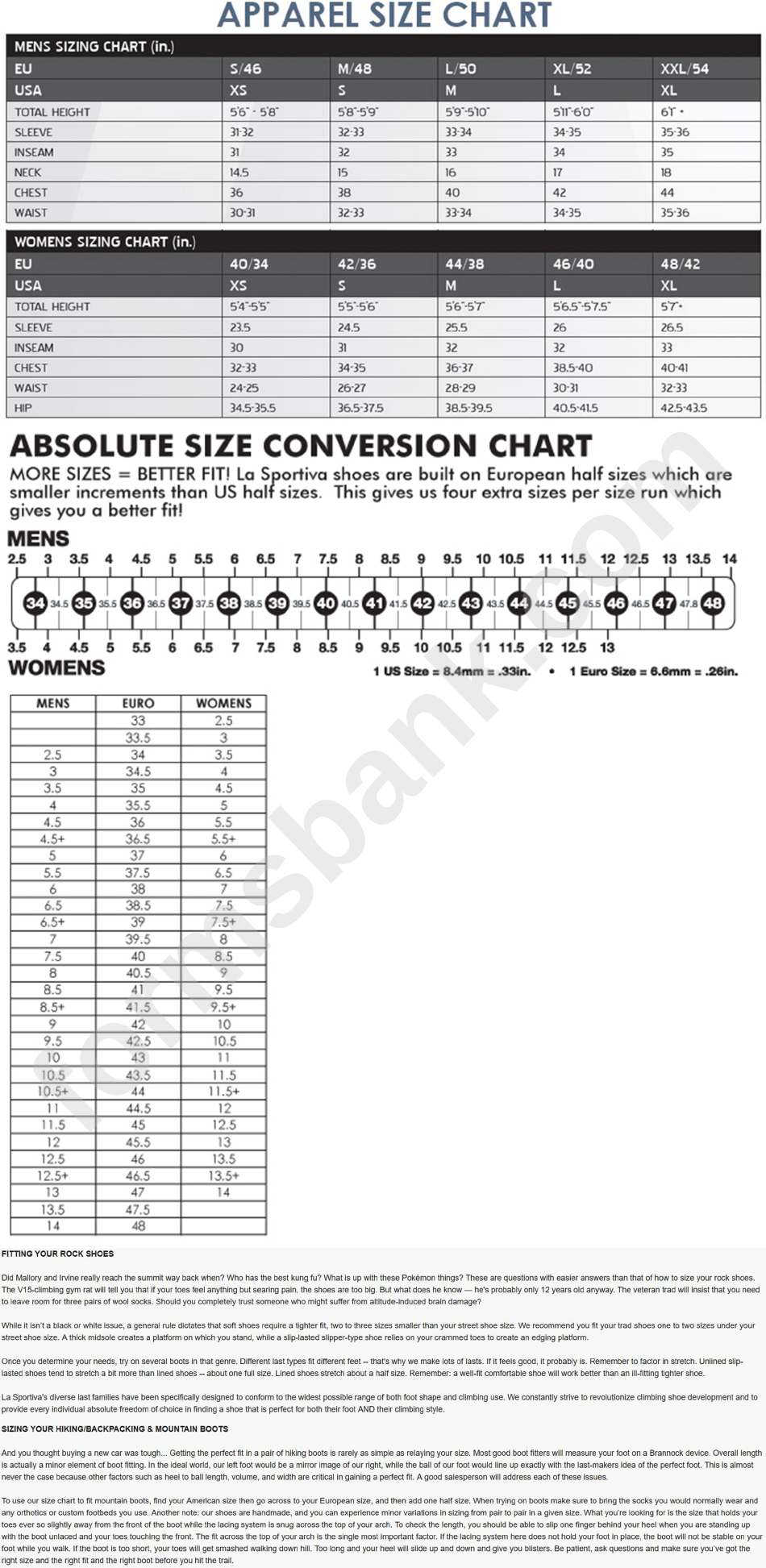 La Sportiva Apparel Size / Absolute Size Conversion Chart