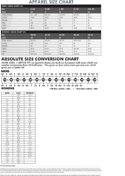La Sportiva Apparel Size / Absolute Size Conversion Chart Printable pdf