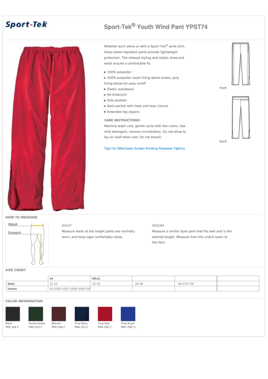 Sport-Tek Youth Wind Pant Ypst74 Size Chart Printable pdf