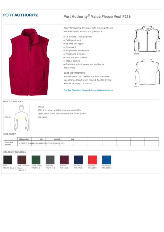 Port Authority Value Fleece Vest F219 Size Chart Printable pdf