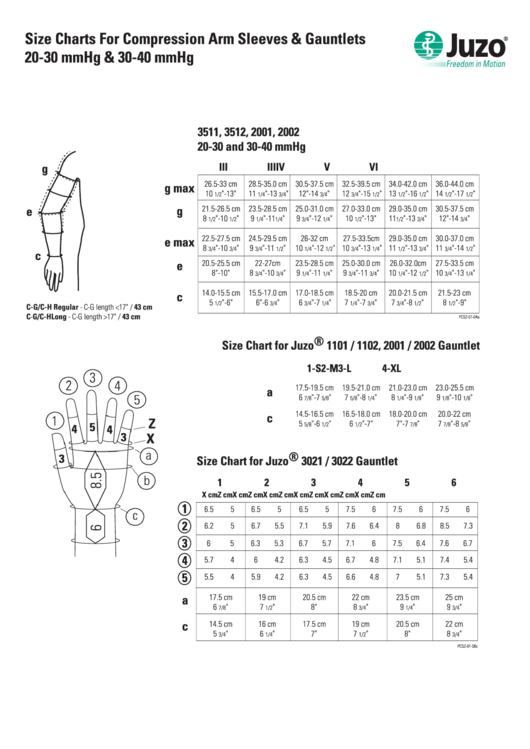 Juso Size Charts For Compression Arm Sleeves & Gauntlets 20-30 Mmhg & 30-40 Mmhg Printable pdf