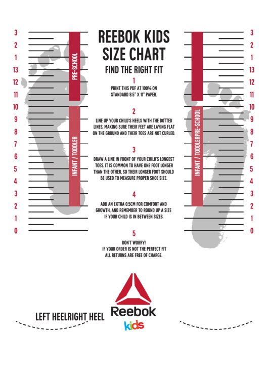 Reebok Kids Size Chart Printable pdf