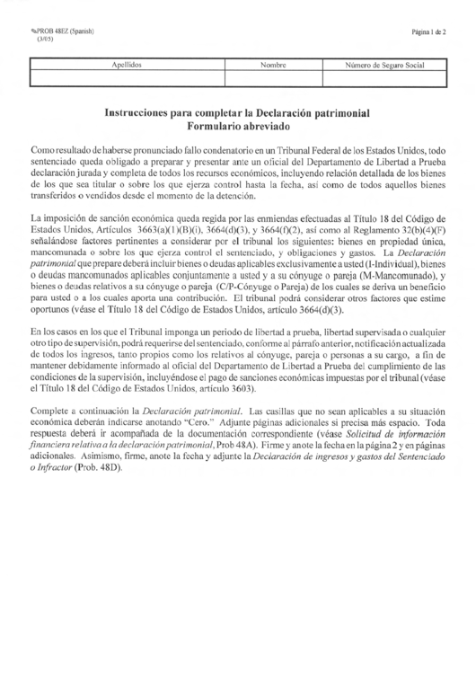 Form Prob 48ez - Declaracion Abreviada De Ingresos Y Gastos - U.s. Probation Office
