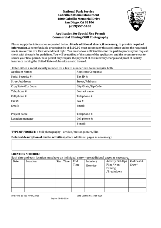 Form 10-931 - Application For Special Use Permit Commercial Filming/still Photography - National Park Service Printable pdf