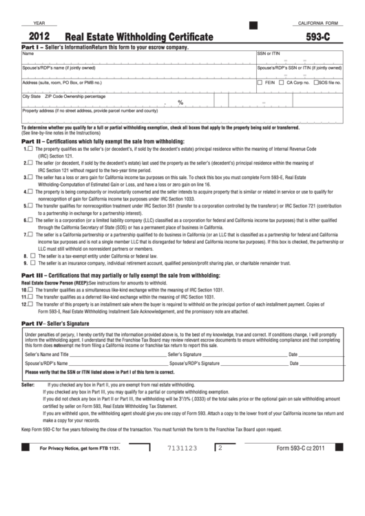 Fillable Form 593-C - Real Estate Withholding Certificate - 2012 Printable pdf