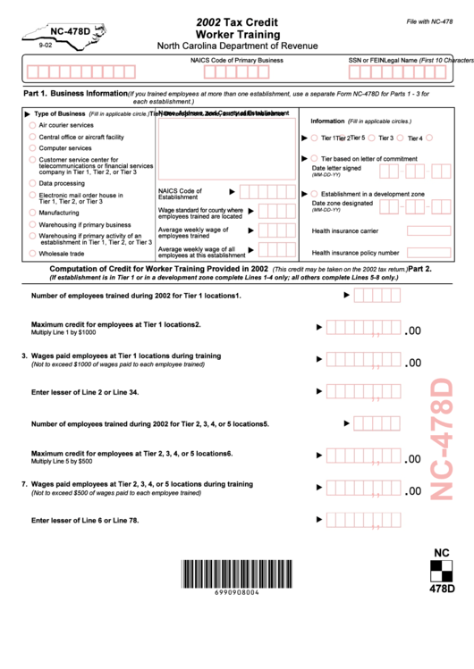 Form Nc 478d - Tax Credit Worker Training - 2002 Printable pdf