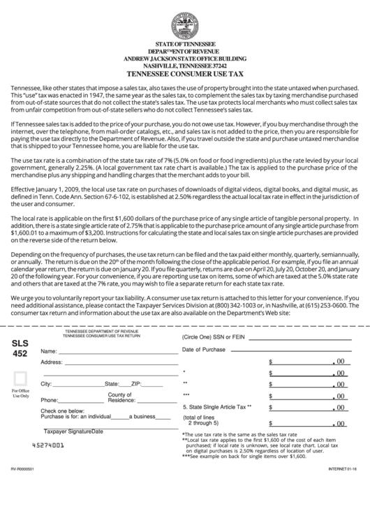 Form Sls 452 - Tennessee Consumer Use Tax Printable pdf
