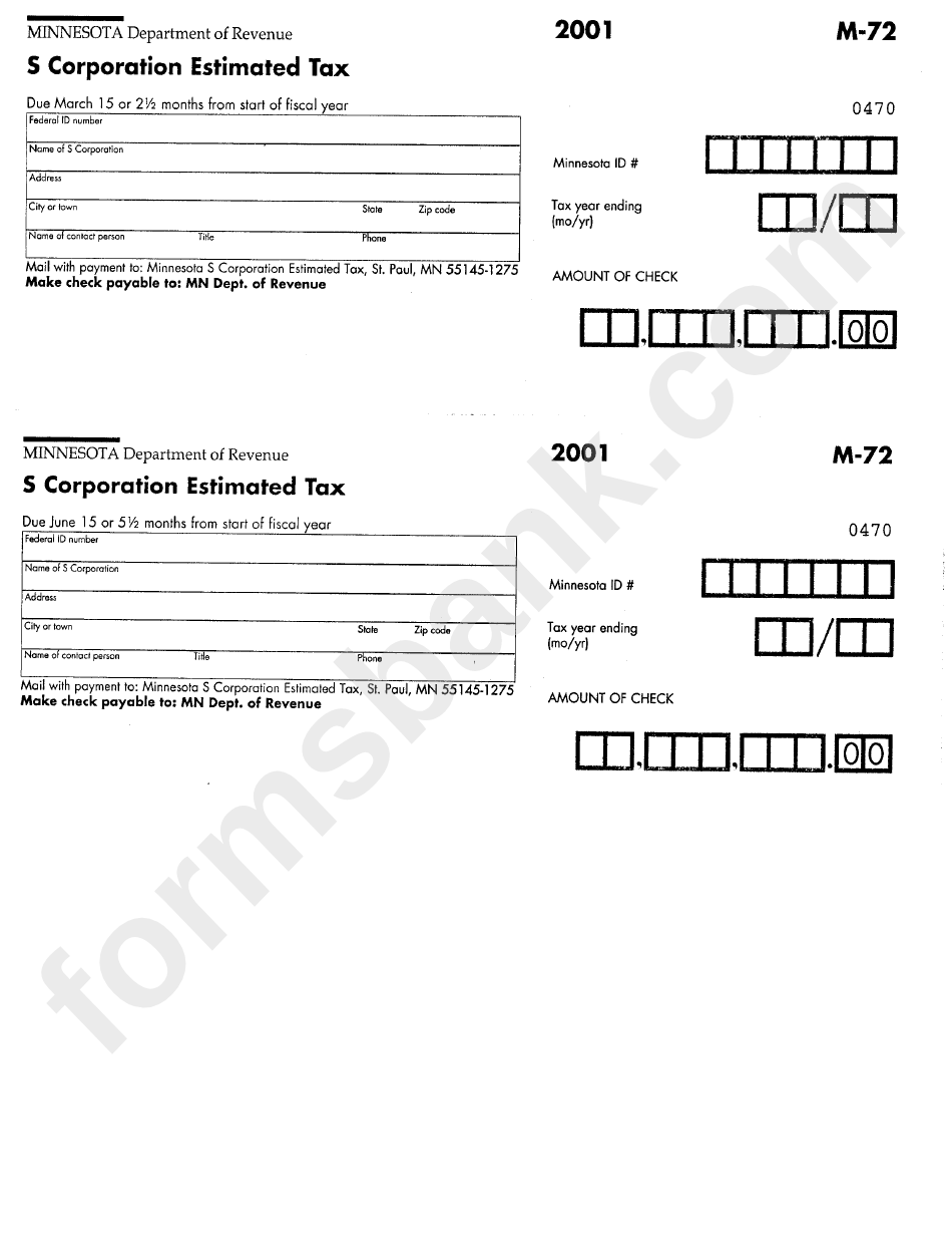 Form M - 72 - S Corparation Estimated Tax - 2001