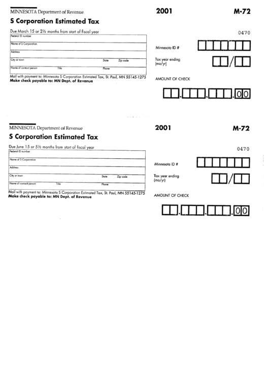 Form M - 72 - S Corparation Estimated Tax - 2001 Printable pdf