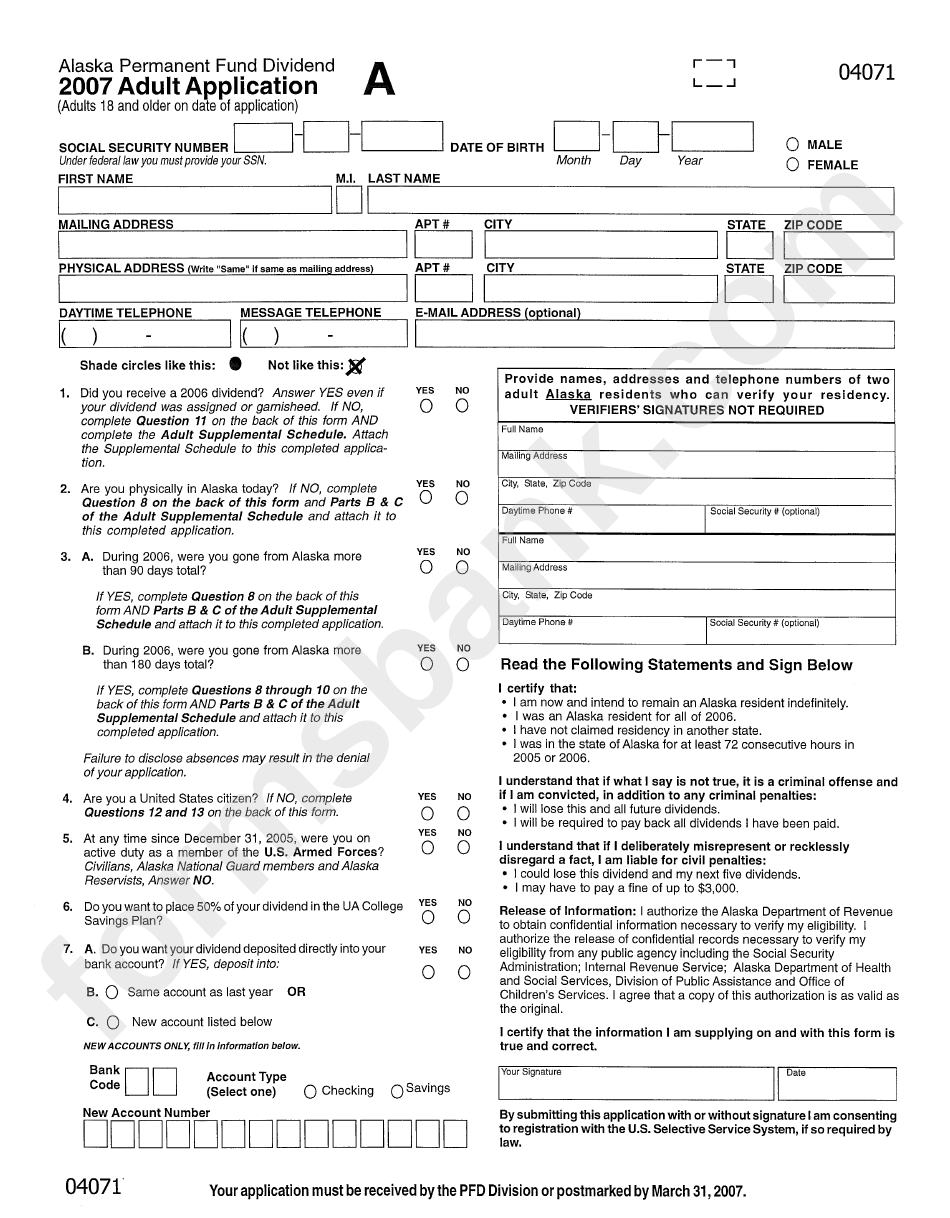 Form 04071 Adult Application Alaska Permanent Fund