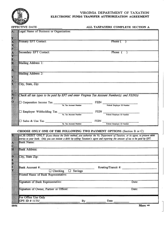 Fillable Electronic Funds Transfer Authorization Agreement Form - Virginia Department Of Taxation Printable pdf