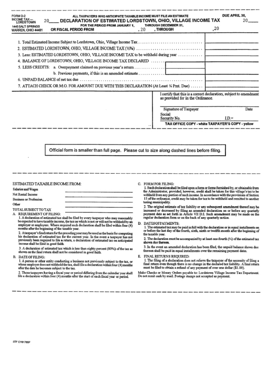 Form D-2 - Declaration Of Estimated Lordstown, Ohio, Village Income Tax Printable pdf