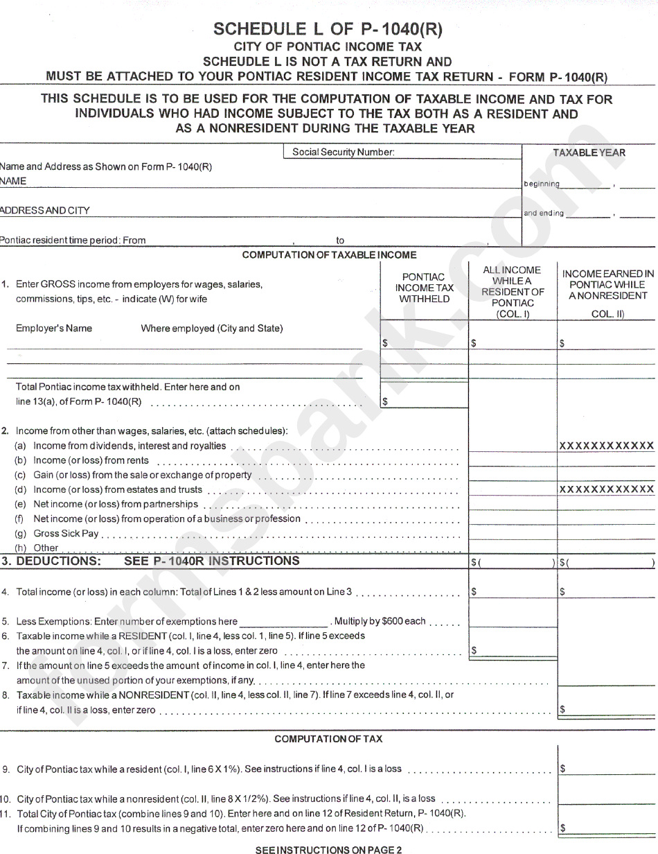 Schedule L Of P 1040 R City Of Pontiac Income Tax Printable Pdf Download