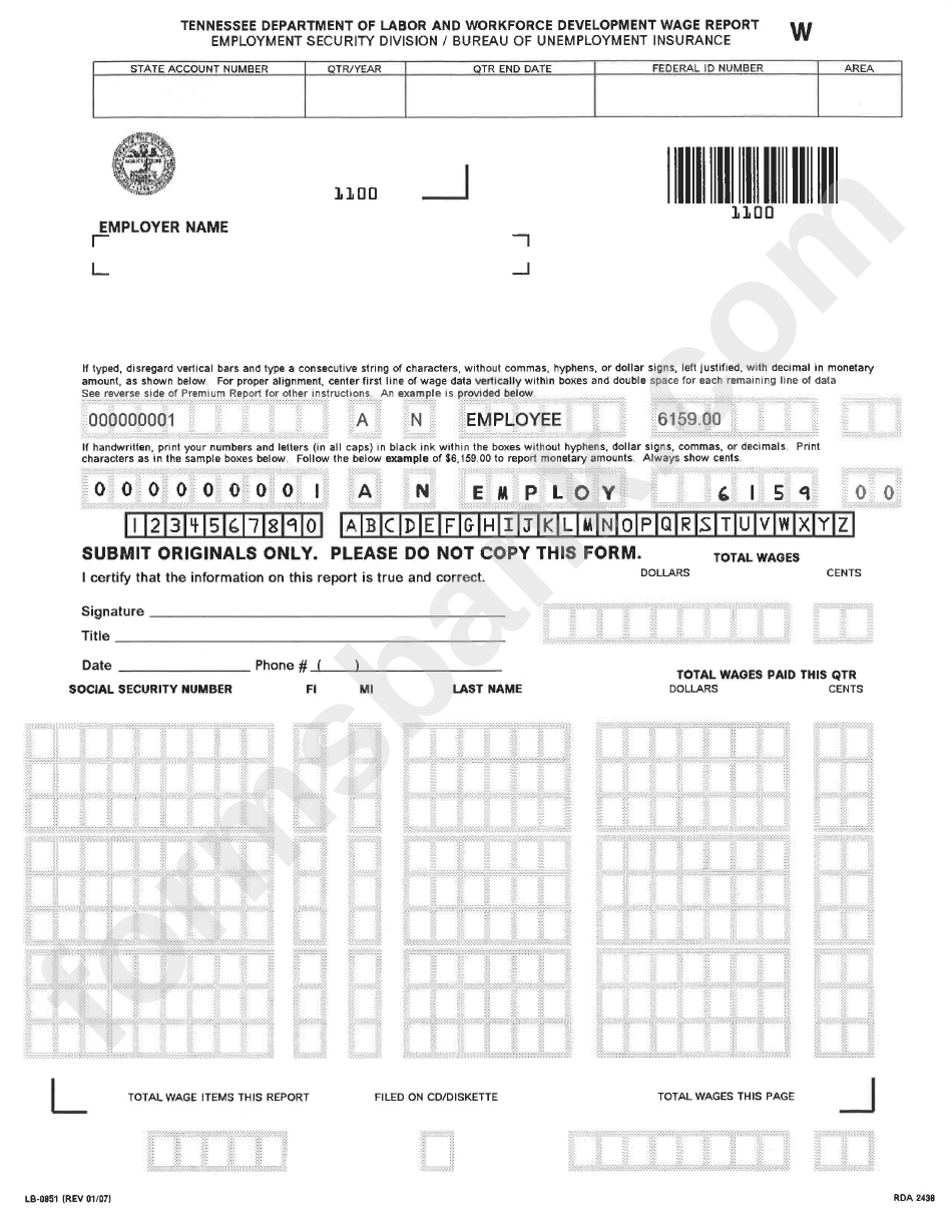 Form Lb-0851 - Tennessee Department Of Labor And Workforce Development Wage Report
