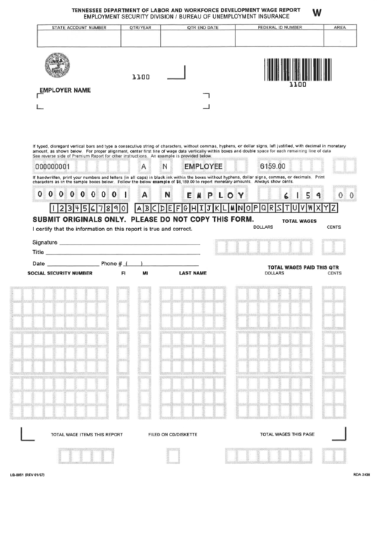 Fillable Form Lb-0851 - Tennessee Department Of Labor And Workforce Development Wage Report Printable pdf