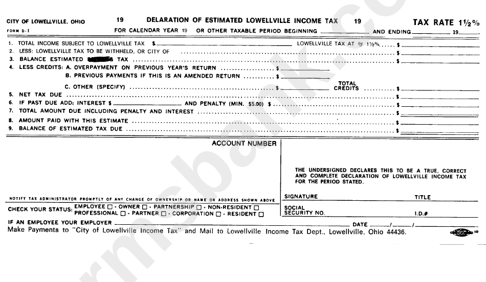 Form D-1 - Declaration Of Estimated Lowellville Income Tax
