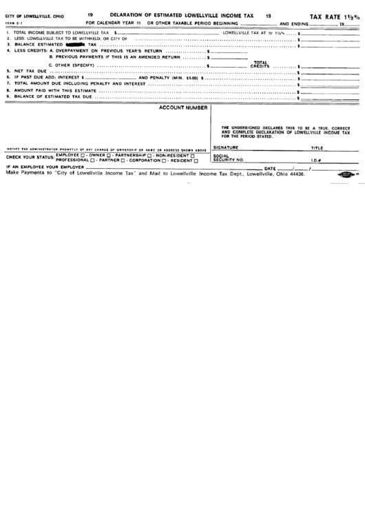 Form D-1 - Declaration Of Estimated Lowellville Income Tax Printable pdf