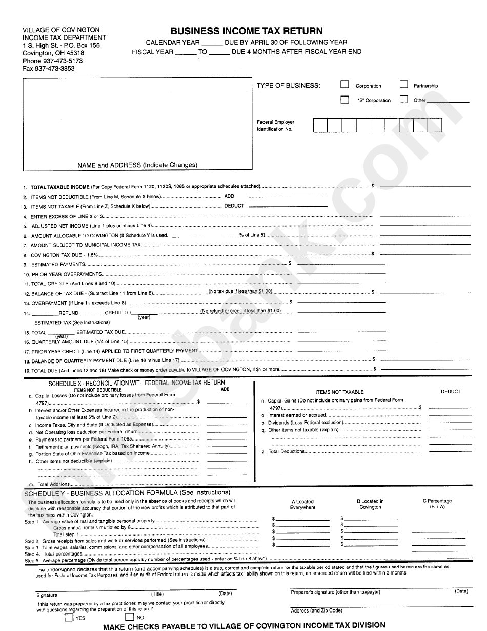 Business Tax Return Village Of Covington printable pdf download