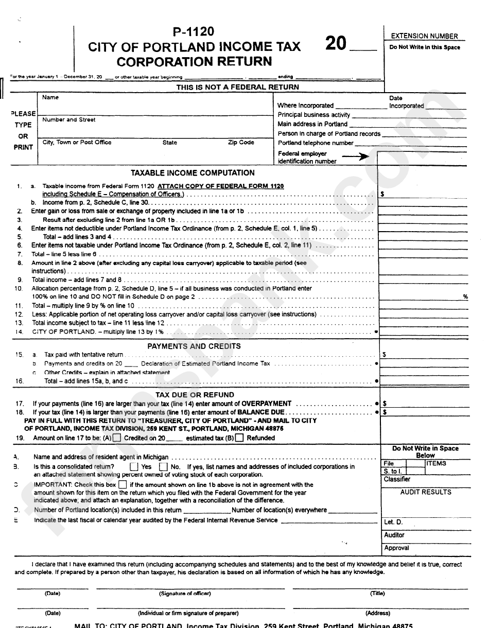 Form P-1120 - City Of Portland Income Tax Corporation Return