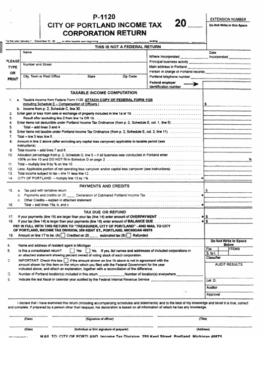 Form P-1120 - City Of Portland Income Tax Corporation Return Printable pdf