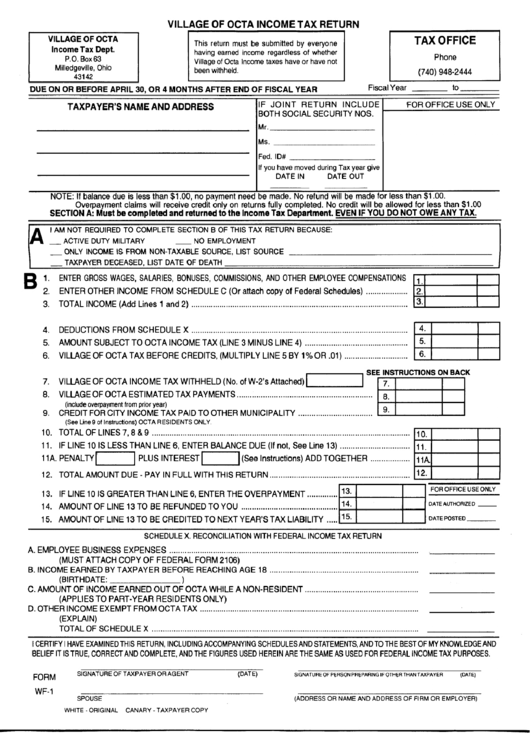 Form W-1 - Village Of Octa Income Tax Return Printable pdf