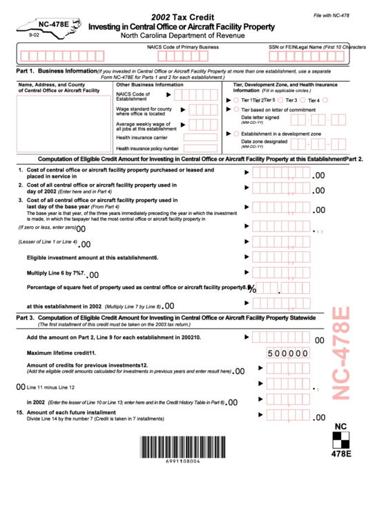 Form Nc-478e - Tax Credit Investing In Central Office Or Aircraft Facility Property - 2002 Printable pdf