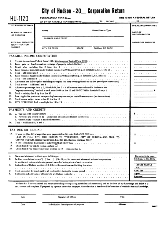 Form Hu1120 - City Of Hudson Corporation Return Printable pdf