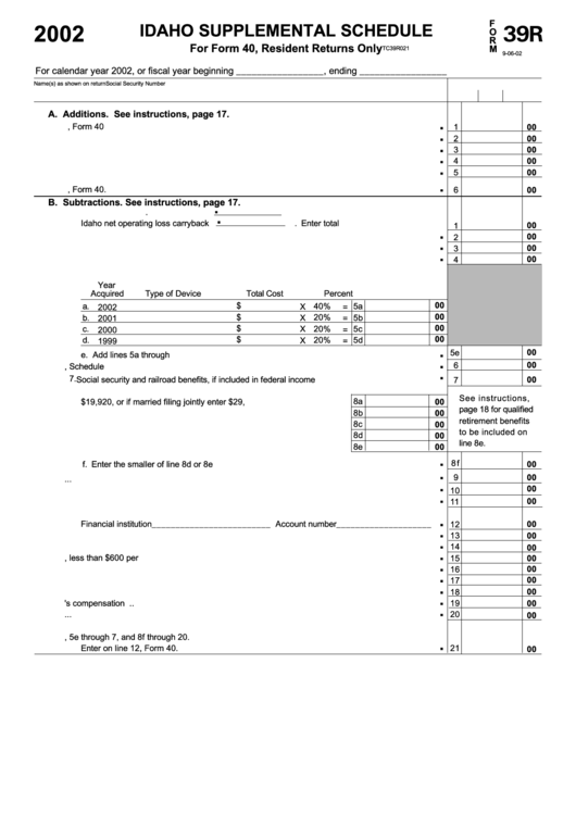 Form 39r - Idaho Supplemental Schedule - Idaho State Tax Commission - 2002 Printable pdf