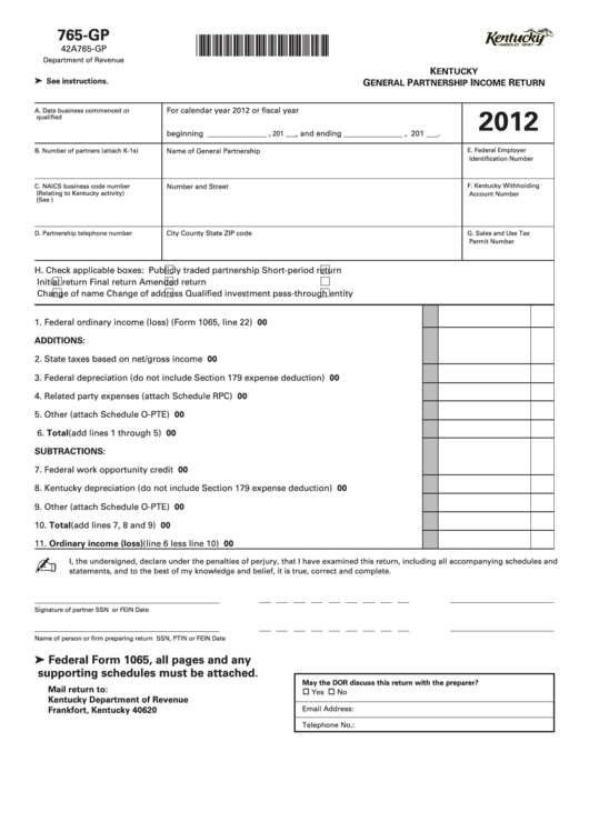 Form 765-Gp - Kentucky General Partnership Income Return - 2012 Printable pdf