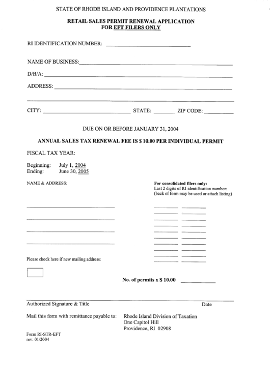 Form R1-Str-Eft - Annual Sales Tax Renewal Printable pdf