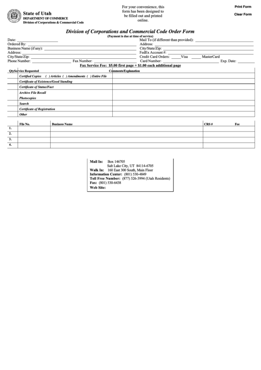 Fillable Division Of Corporations And Commercial Code Order Form - Utah Department Of Commerce Printable pdf