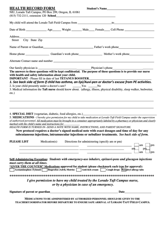 Health Record Form Printable pdf