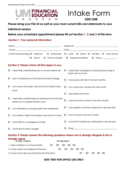 Student Intake Form Printable pdf