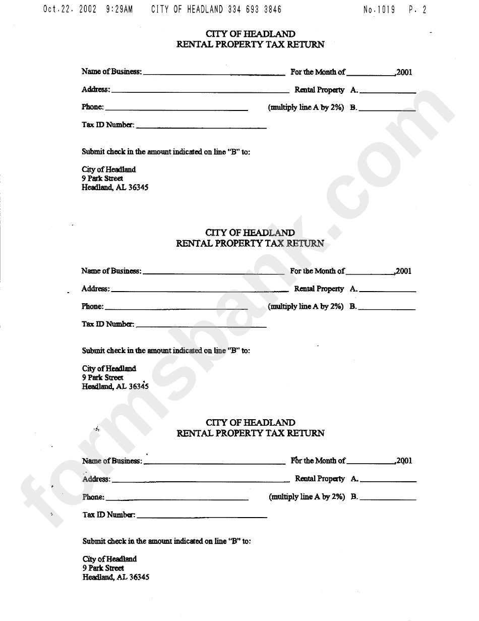 Rental Property Tax Return - City Of Headland- 2001